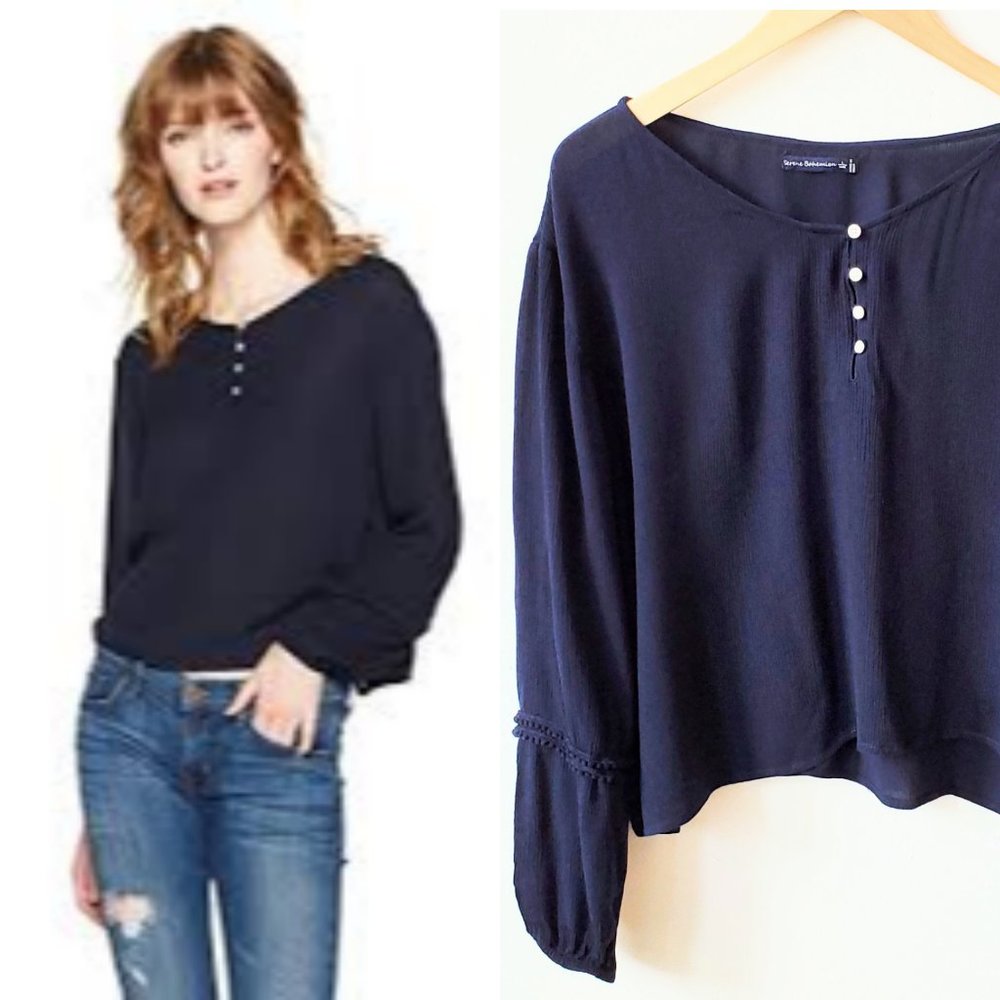 Serene Bohemian Loose-fit Button Top Blouse, Navy, L